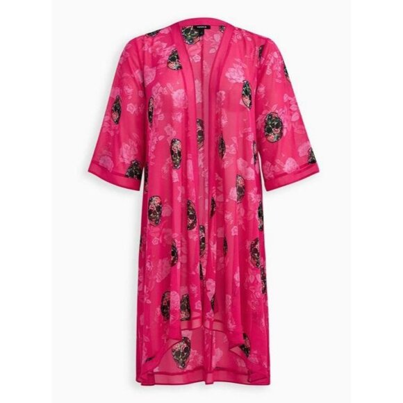Torrid Open Kimono Womens Size 4X Pink Chiffon Gothic Skull Grunge Cardigan - Picture 2 of 11